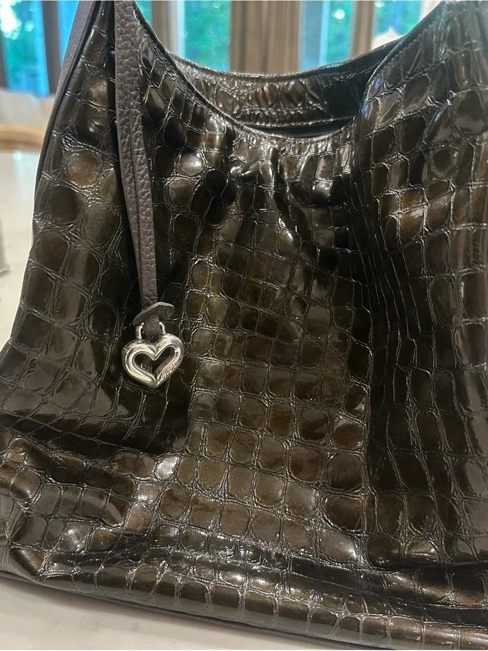 Brighton Shiny Croc-Embossed Hobo in Dark Olive Brown